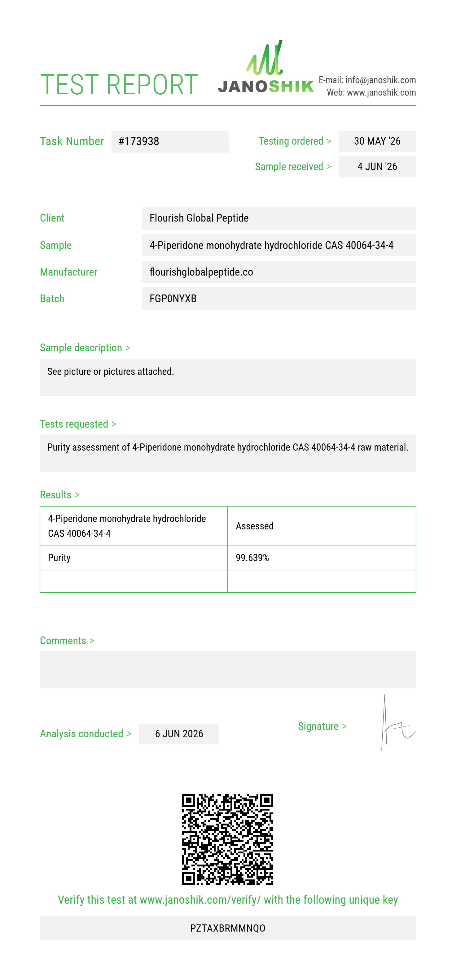 4-Piperidone monohydrate hydrochloride CAS 40064-34-4 Purity (HPLC) report by Janoshik Analytical