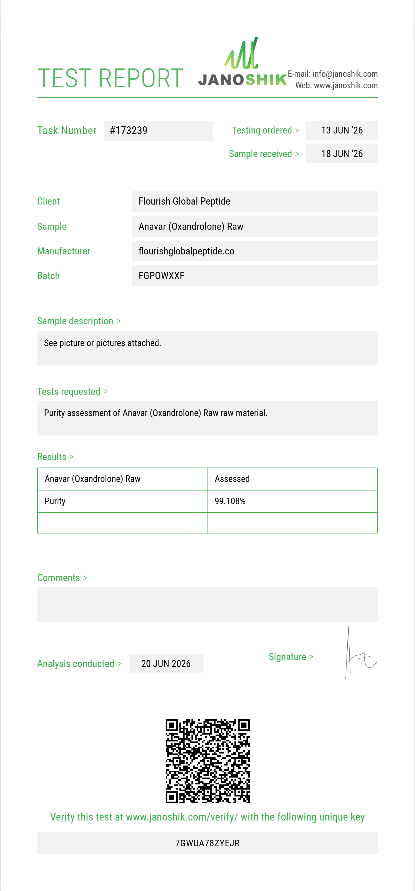 Anavar (Oxandrolone) Raw Purity (HPLC) report by Janoshik Analytical