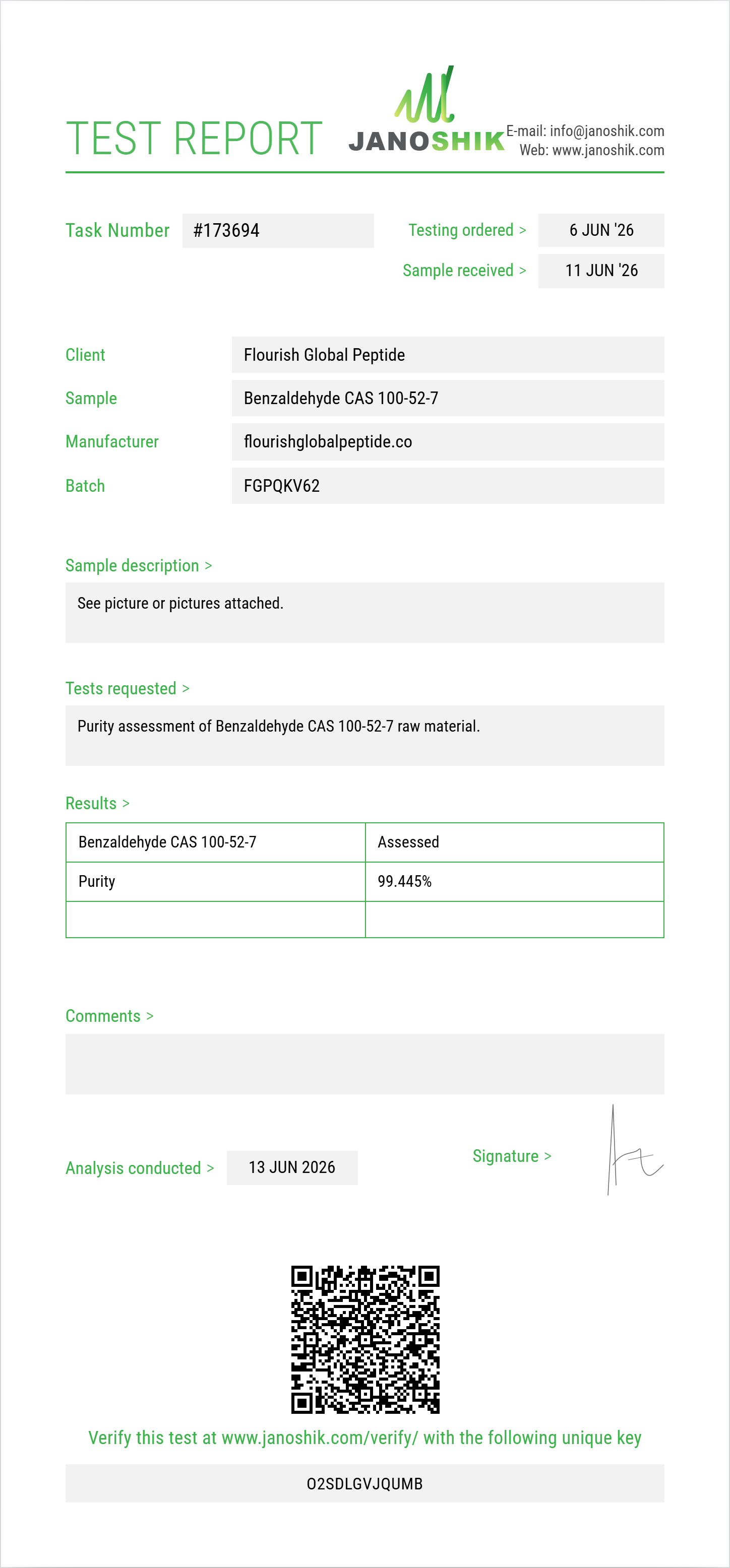 Benzaldehyde CAS 100-52-7 Purity (HPLC) report by Janoshik Analytical