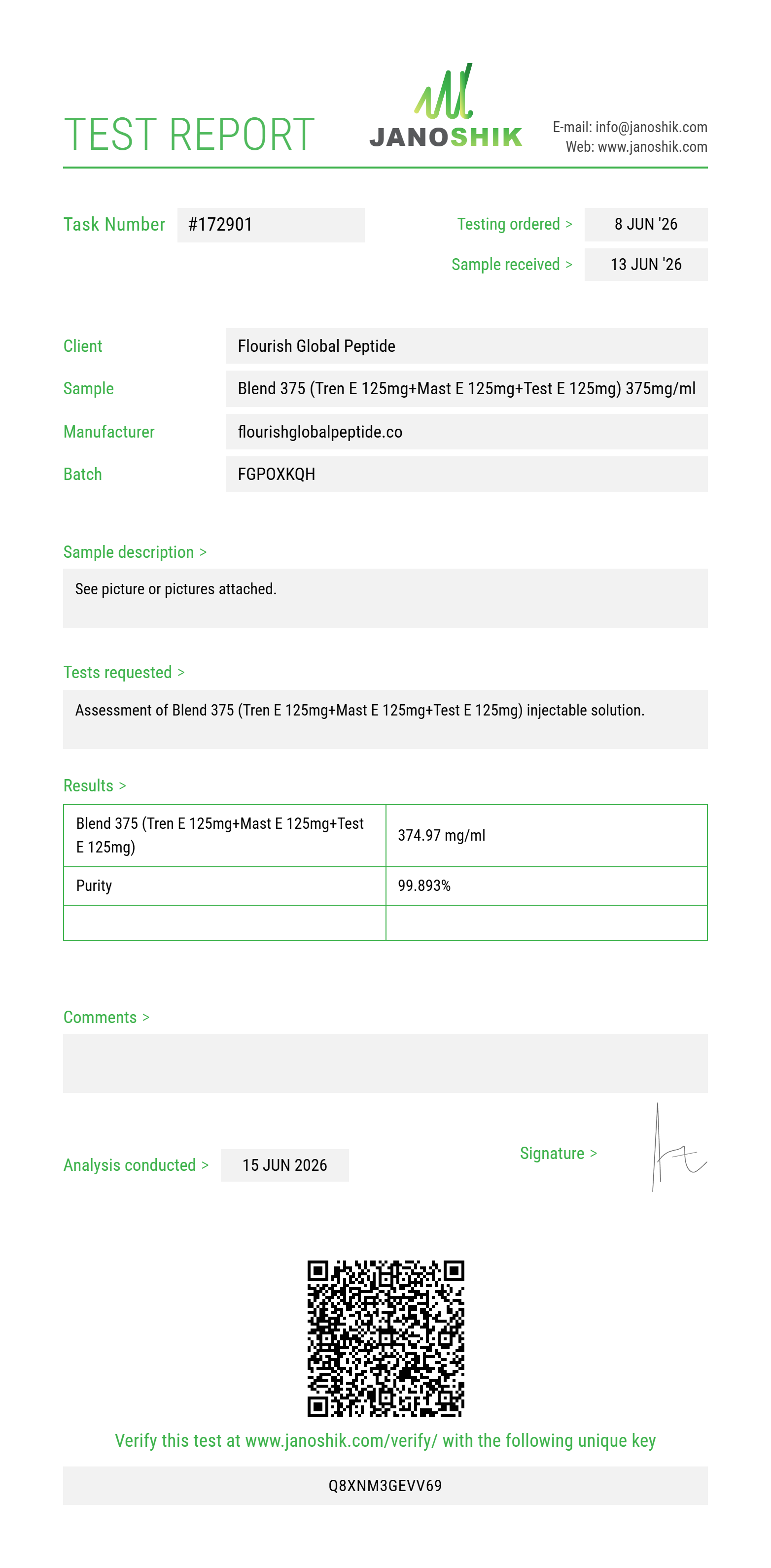 Blend 375 (Tren E 125mg+Mast E 125mg+Test E 125mg) Purity (HPLC) report by Janoshik Analytical