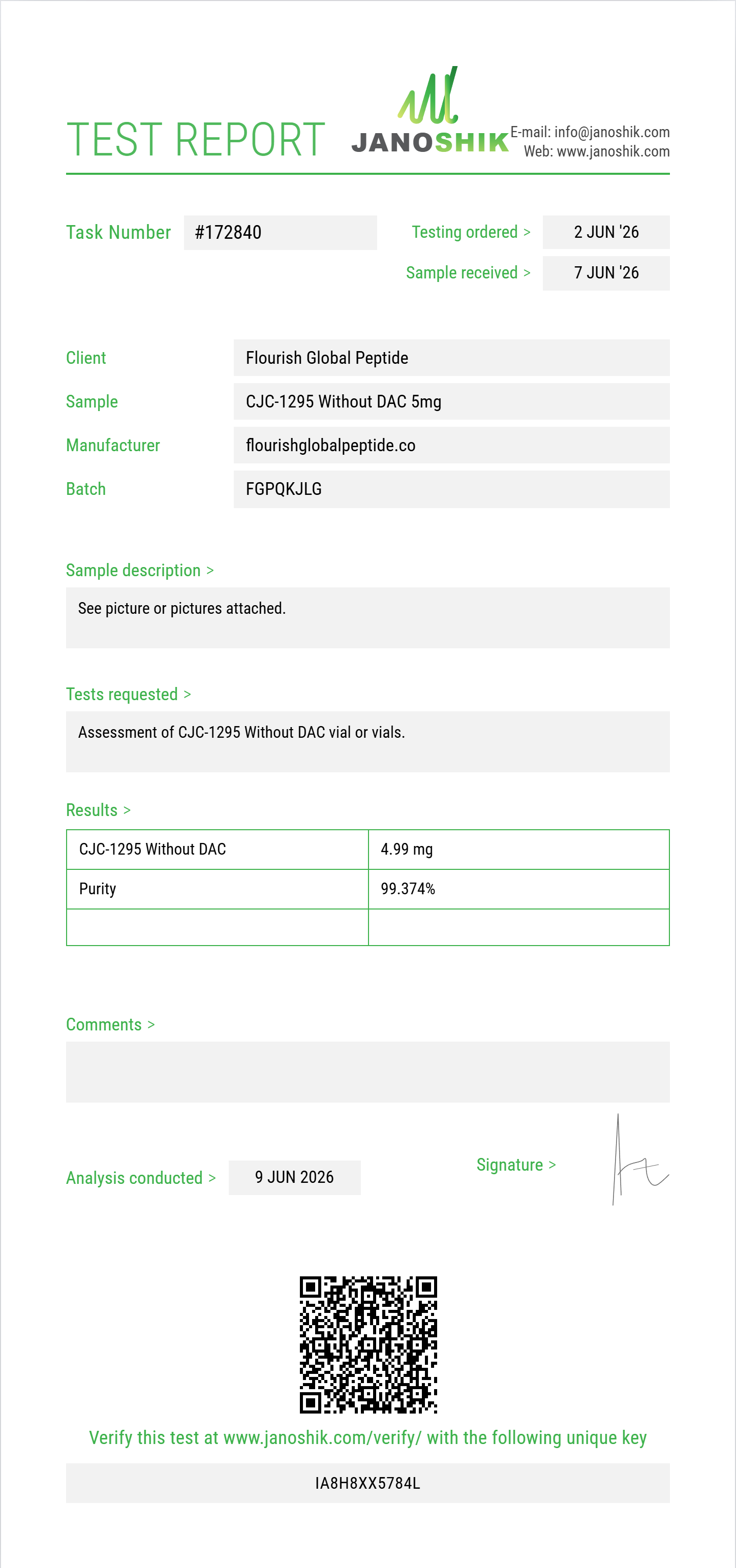 CJC-1295 Without DAC Purity (HPLC) report by Janoshik Analytical