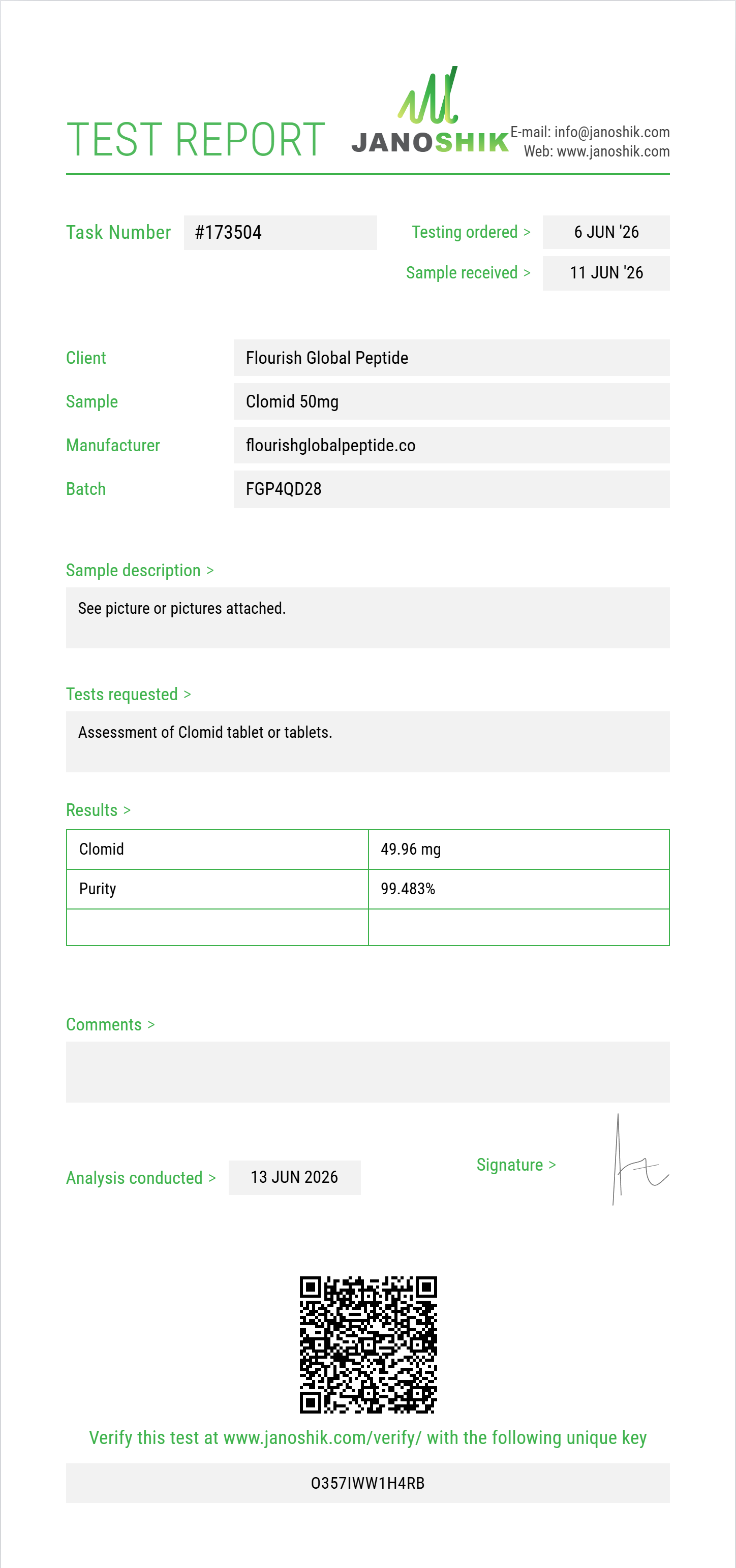 Clomid Purity (HPLC) report by Janoshik Analytical