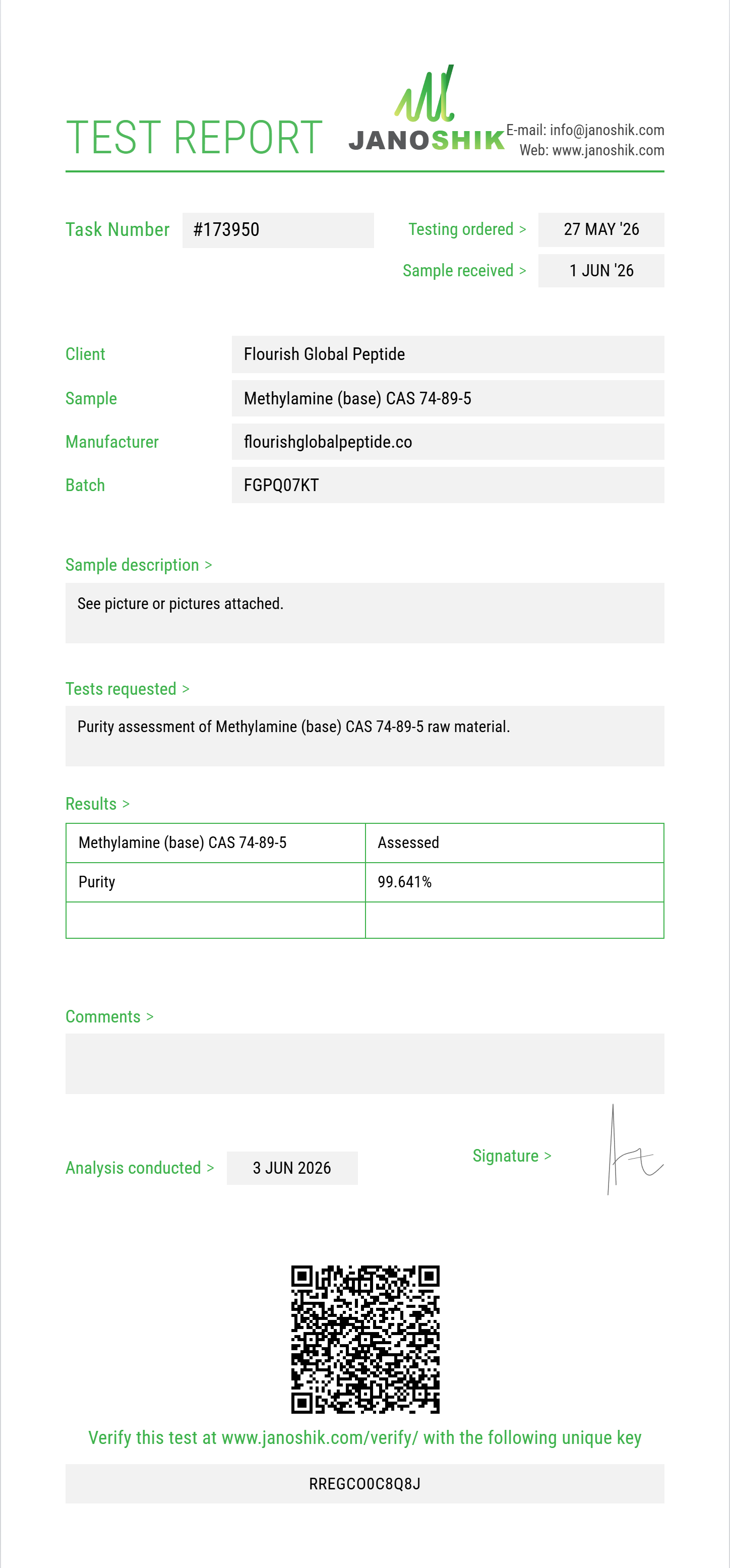 Methylamine (base) CAS 74-89-5 Purity (HPLC) report by Janoshik Analytical