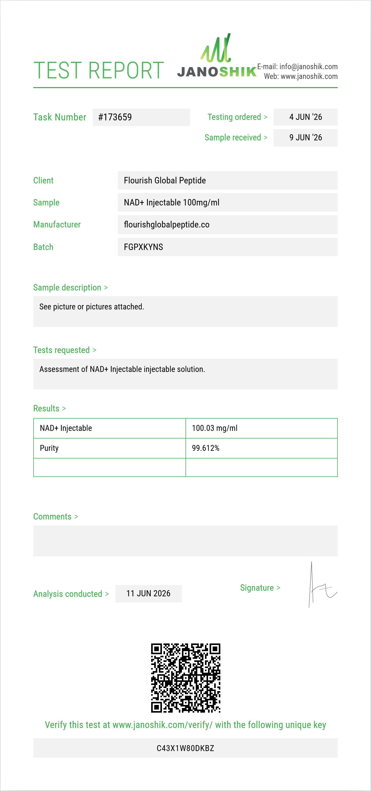 NAD+ Injectable Purity (HPLC) report by Janoshik Analytical