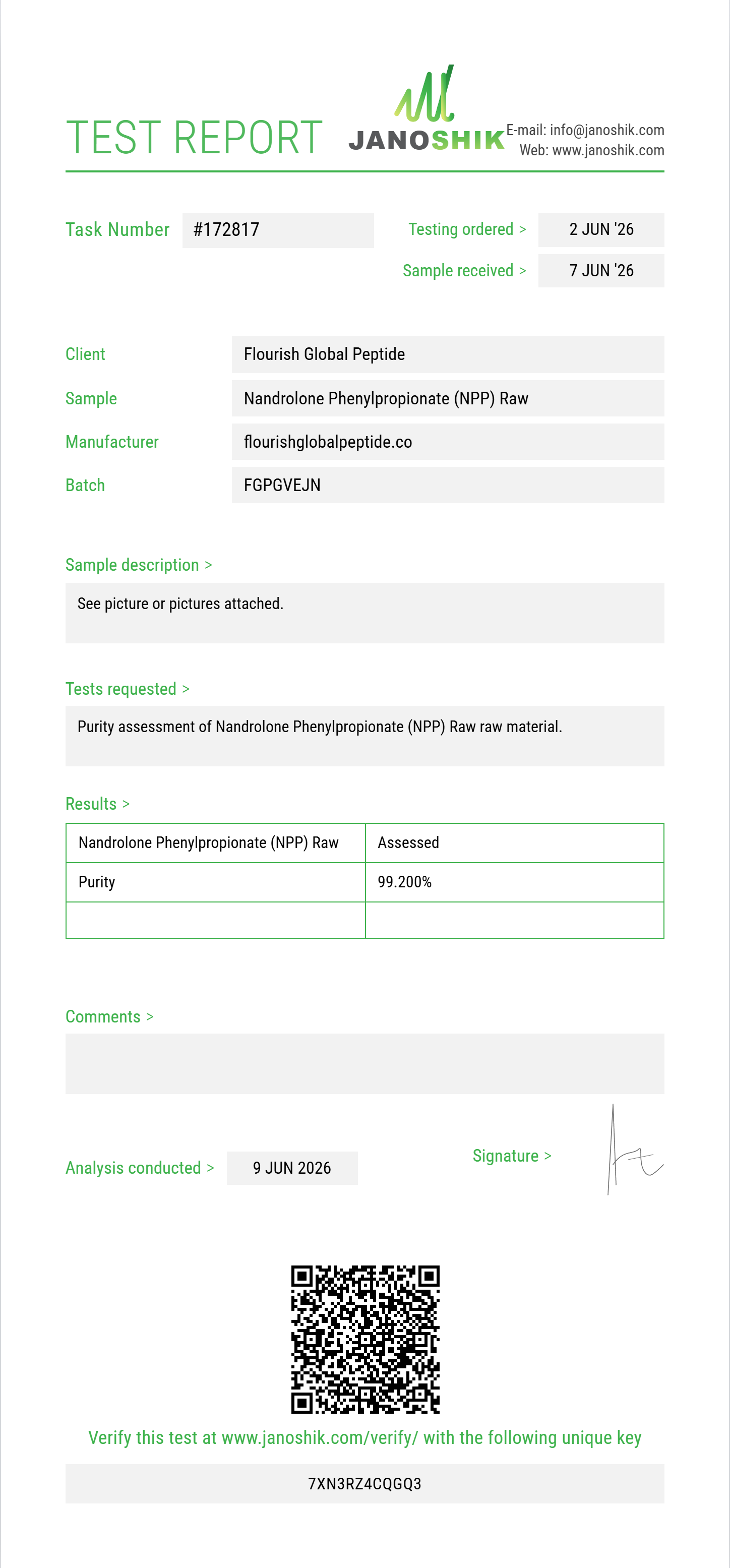 Nandrolone Phenylpropionate (NPP) Raw Purity (HPLC) report by Janoshik Analytical