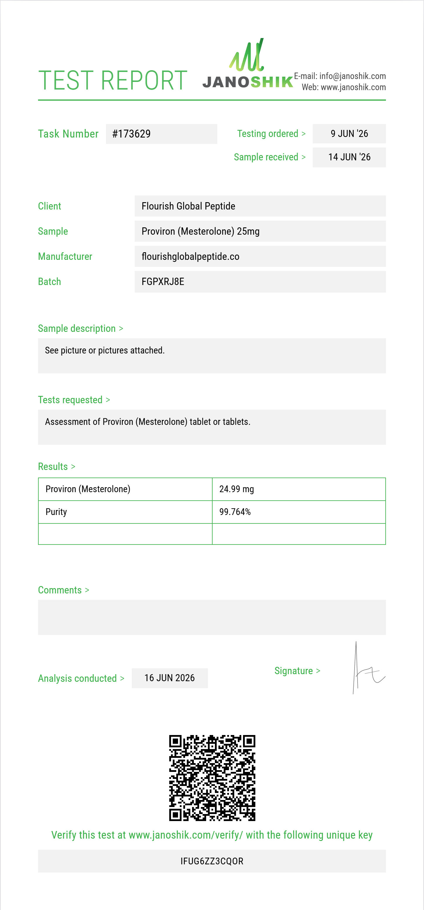 Proviron (Mesterolone) Purity (HPLC) report by Janoshik Analytical