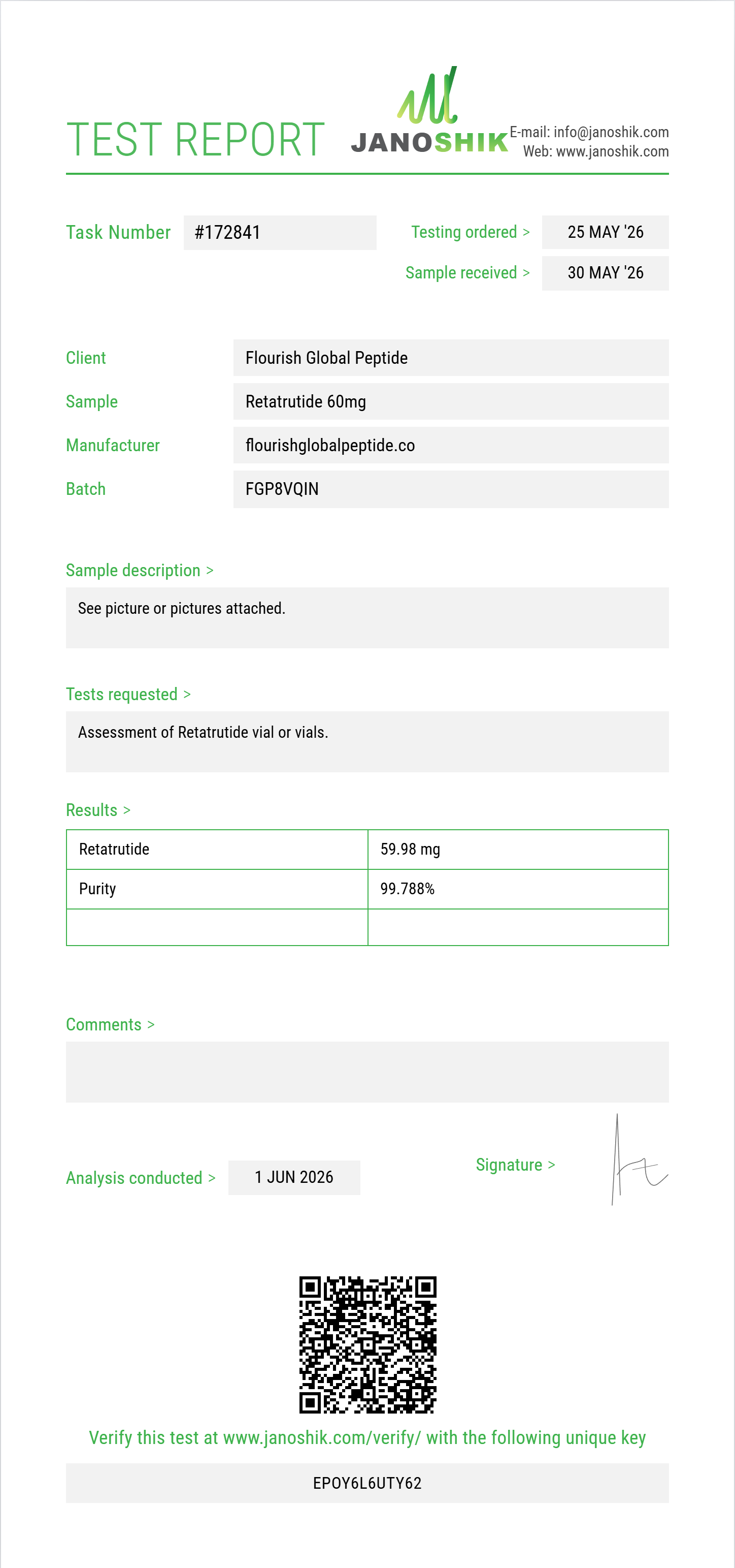 Retatrutide Purity (HPLC) report by Janoshik Analytical