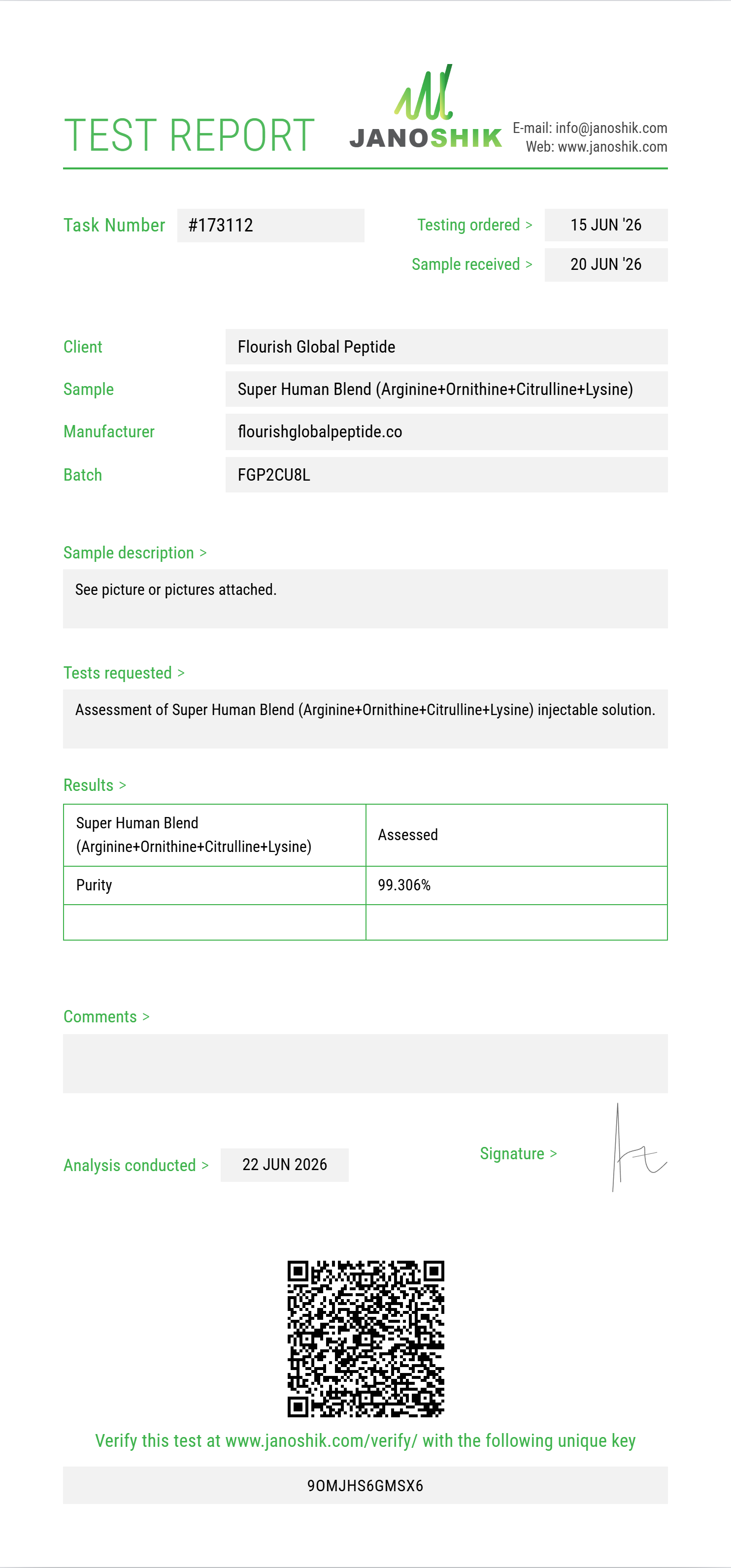 Super Human Blend (Arginine+Ornithine+Citrulline+Lysine+Glutamine+Proline+Taurine+Carnitine+NAC) Purity (HPLC) report by Janoshik Analytical