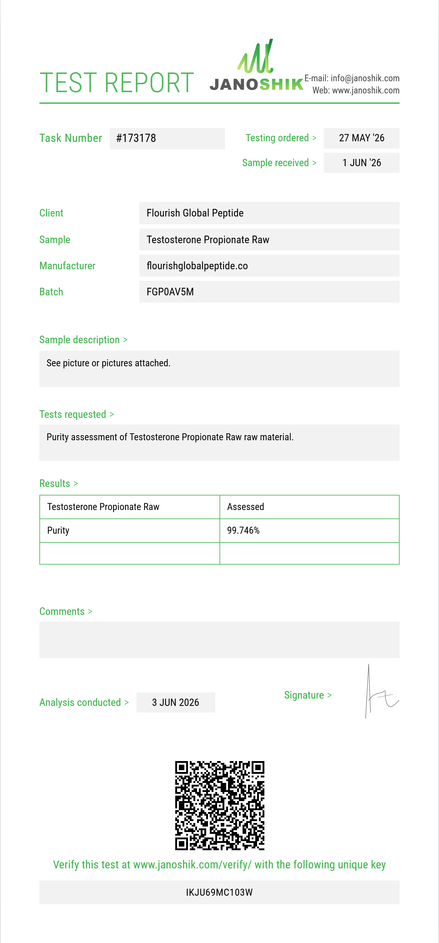 Testosterone Propionate Raw Purity (HPLC) report by Janoshik Analytical