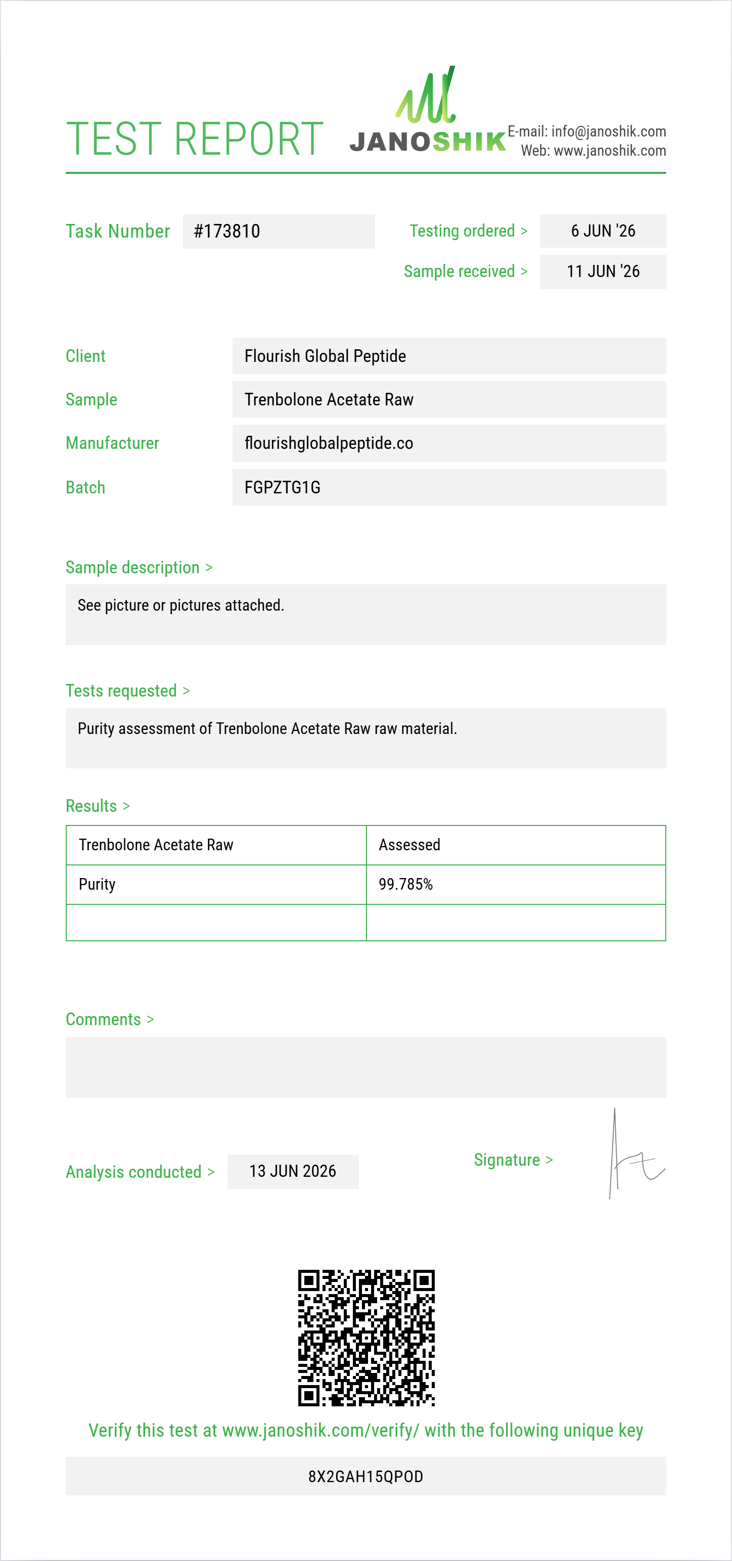 Trenbolone Acetate Raw Purity (HPLC) report by Janoshik Analytical