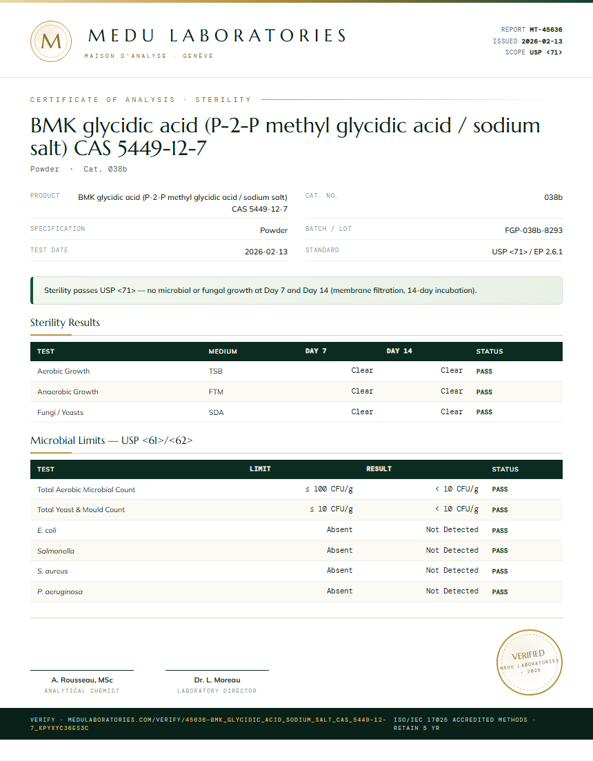 BMK glycidic acid (P-2-P methyl glycidic acid / sodium salt) CAS 5449-12-7 Sterility report by Medu Laboratories