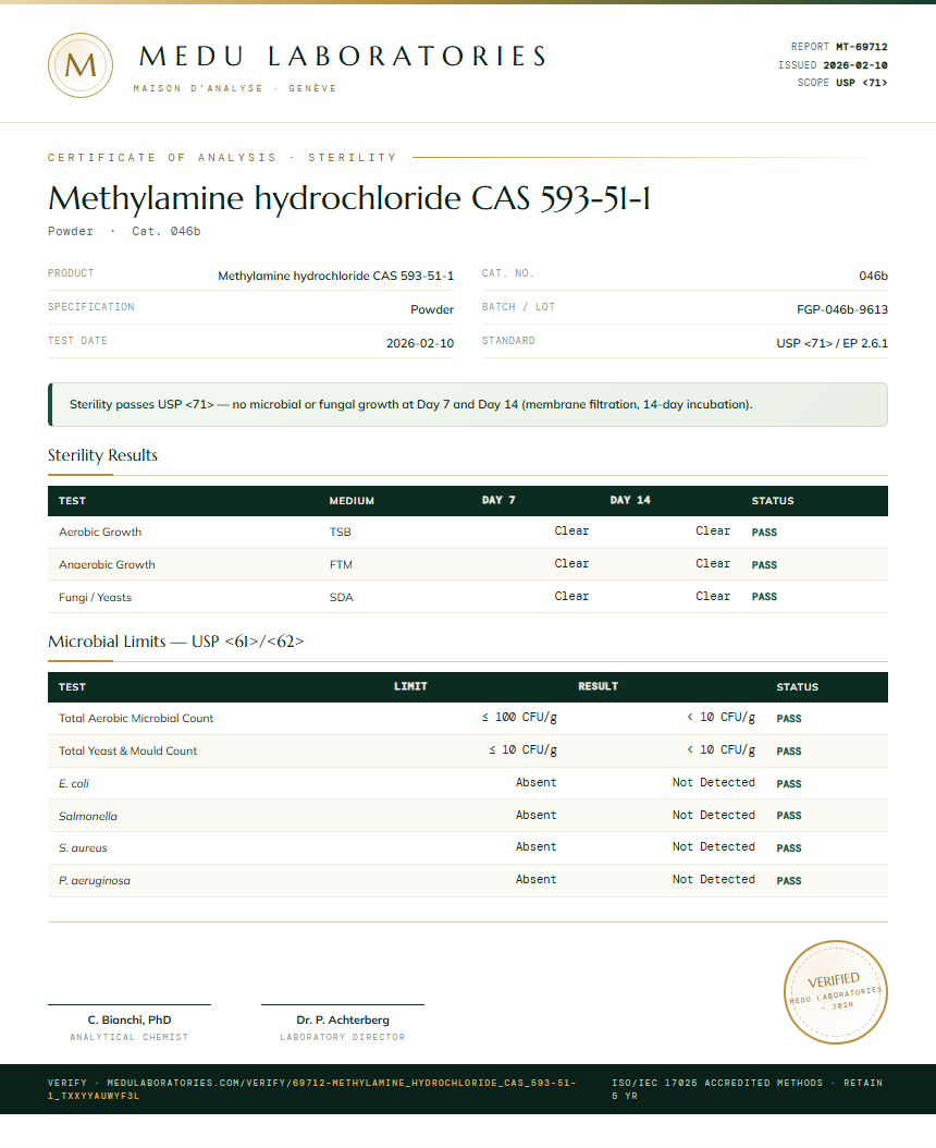 Methylamine hydrochloride CAS 593-51-1 Sterility report by Medu Laboratories