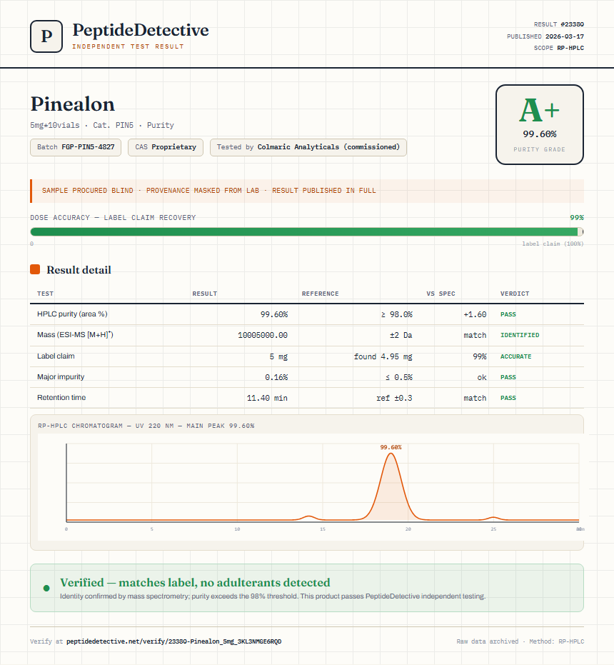Pinealon Purity (HPLC) report by PeptideDetective