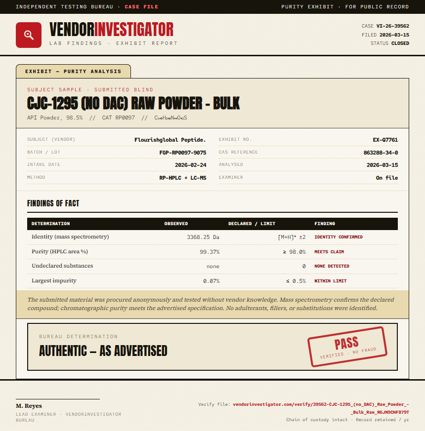 CJC-1295 (no DAC) Raw Powder - Bulk Purity (HPLC) report by VendorInvestigator