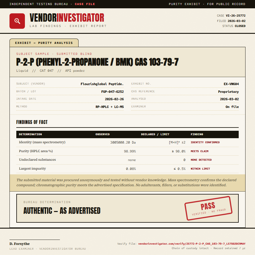 P-2-P (phenyl-2-propanone / BMK) CAS 103-79-7 Purity (HPLC) report by VendorInvestigator