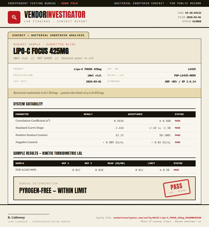 Lipo-C FOCUS 425mg Endotoxin report by VendorInvestigator