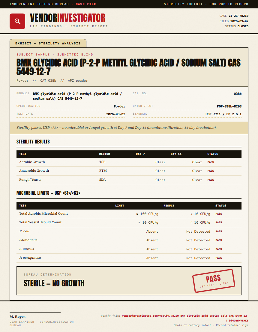 BMK glycidic acid (P-2-P methyl glycidic acid / sodium salt) CAS 5449-12-7 Sterility report by VendorInvestigator