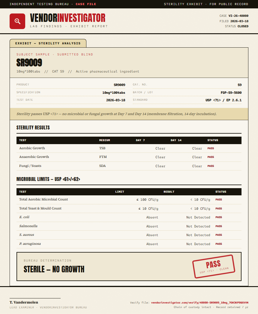 SR9009 Sterility report by VendorInvestigator