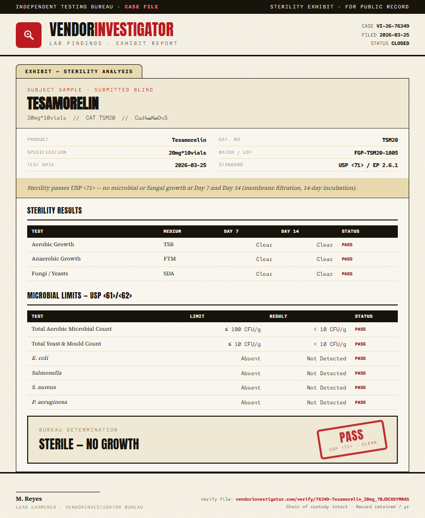 Tesamorelin Sterility report by VendorInvestigator